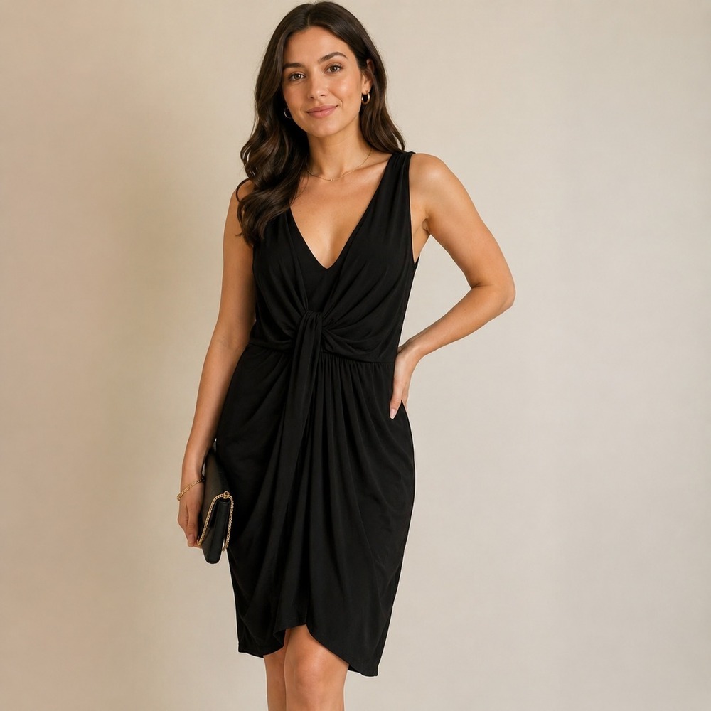 Lush Dress Womens L Black Ruched V Neck Sleeveless Midi Sheath Jersey Party - Picture 1 of 12